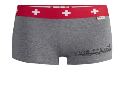 Damenpanty grau mit Scherenschnitt-Motiv, oben Gummibund in rot mit weissen Kreuzen. Diese Party und viele weitere finden Sie bei Musik & Mode Bürki in Fehraltorf.